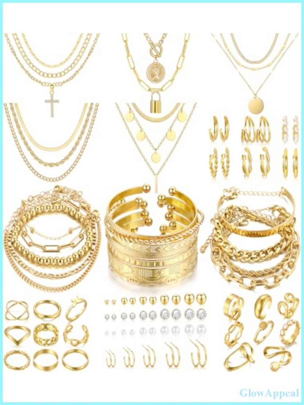 68 Pcs Gold Jewelry Set for Women - 7 Necklaces 17 Bracelets 5 Hoop Earrings 15